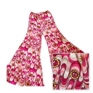 1970's Inspired Pink Psychedelic Peace Sign Print Wide Bell Pants XS